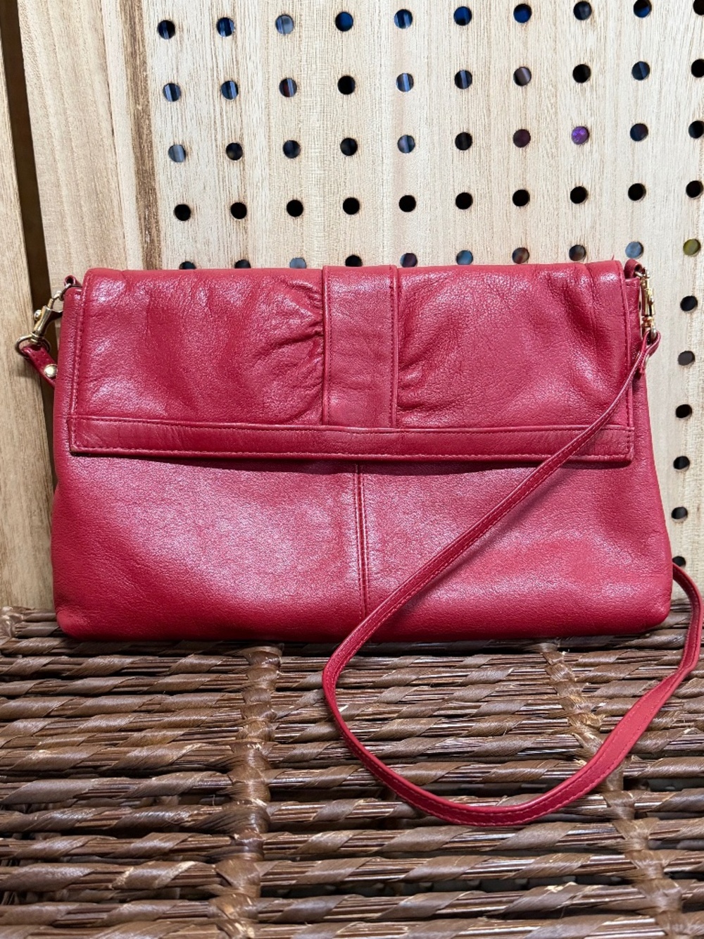 Vintage JCPenney Red Leather Ruched Convertible Clutch Shoulder Bag 80s 90s